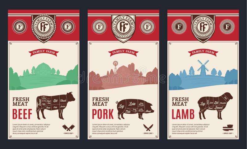 Vector butcher`s shop modern style labels. American US cuts of beef, pork and lamb diagrams. Vector butcher`s shop modern style labels. American US cuts of beef, pork and lamb diagrams