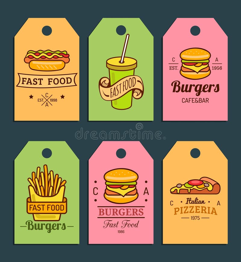 Διανυσματικές ετικέττες γρήγορου φαγητού Burgers, χοτ-ντογκ, πατάτα τηγανητών, πίτσα κ.λπ. απεικονίσεις Συρμένη χέρι γρήγορη συλλ ελεύθερη απεικόνιση δικαιώματος Διανυσματικές ετικέττες γρήγορου φαγητού Burgers, χοτ-ντογκ, πατάτα τηγανητών, πίτσα κ.λπ. απεικονίσεις Συρμένη χέρι γρήγορη συλλ ελεύθερη απεικόνιση δικαιώματος