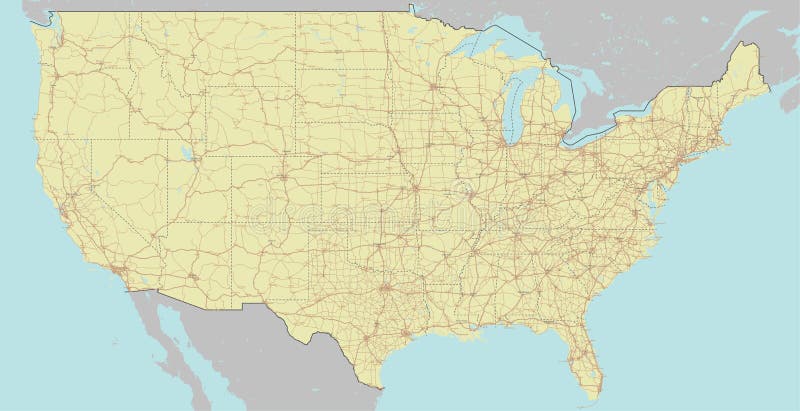 Vector High detailed accurate, exact United States of America, american road, motorway map with labeling. Geographic pastel administrative. Editable cartography illustration. Vector High detailed accurate, exact United States of America, american road, motorway map with labeling. Geographic pastel administrative. Editable cartography illustration