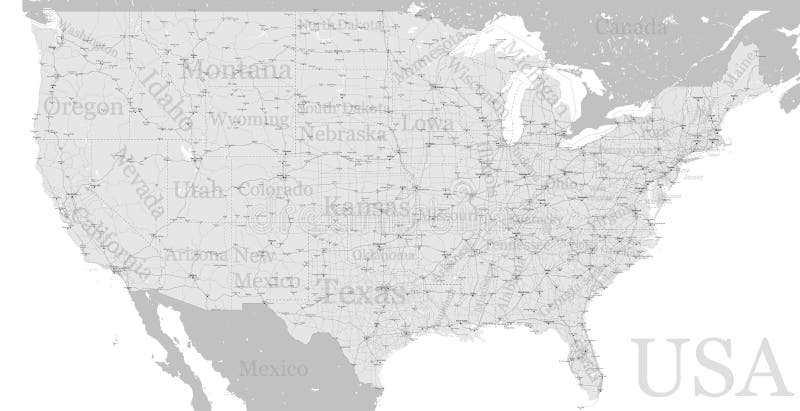 Vector High detailed accurate exact United States of America american road motorway map with city labeling. Geographic gray semitone administrative map, state names. Editable cartography illustration. Vector High detailed accurate exact United States of America american road motorway map with city labeling. Geographic gray semitone administrative map, state names. Editable cartography illustration