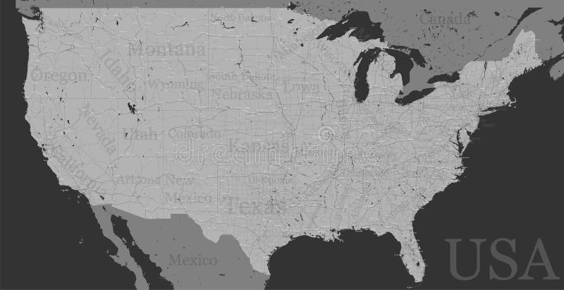 Vector High detailed accurate, exact United States of America, american road, motorway map with labeling. Geographic black and white monochrome administrative. Editable cartography illustration. Vector High detailed accurate, exact United States of America, american road, motorway map with labeling. Geographic black and white monochrome administrative. Editable cartography illustration