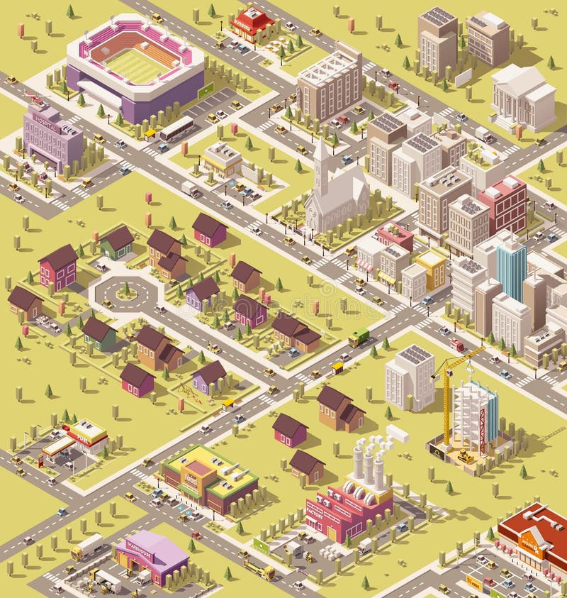 Διανυσματική isometric χαμηλή πολυ πόλη απεικόνιση αποθεμάτων Διανυσματική isometric χαμηλή πολυ πόλη απεικόνιση αποθεμάτων