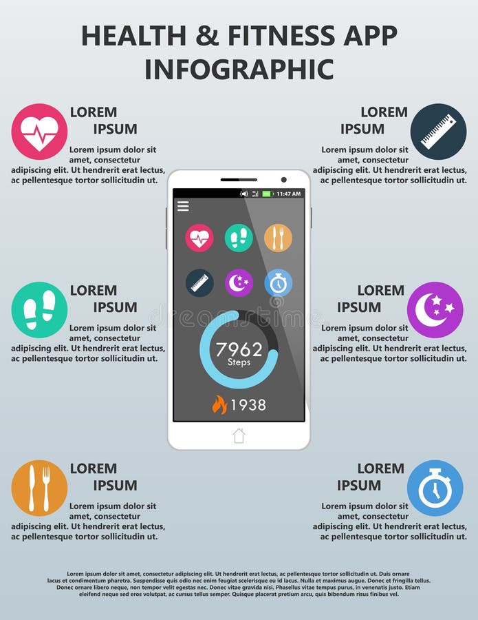 Διανυσματική έξυπνη τηλεφωνική εφαρμογή Infographic υγείας και ικανότητας που χαρακτηρίζει έξι κουμπιά με τις αντίστοιχες περιοχέ ελεύθερη απεικόνιση δικαιώματος Διανυσματική έξυπνη τηλεφωνική εφαρμογή Infographic υγείας και ικανότητας που χαρακτηρίζει έξι κουμπιά με τις αντίστοιχες περιοχέ ελεύθερη απεικόνιση δικαιώματος