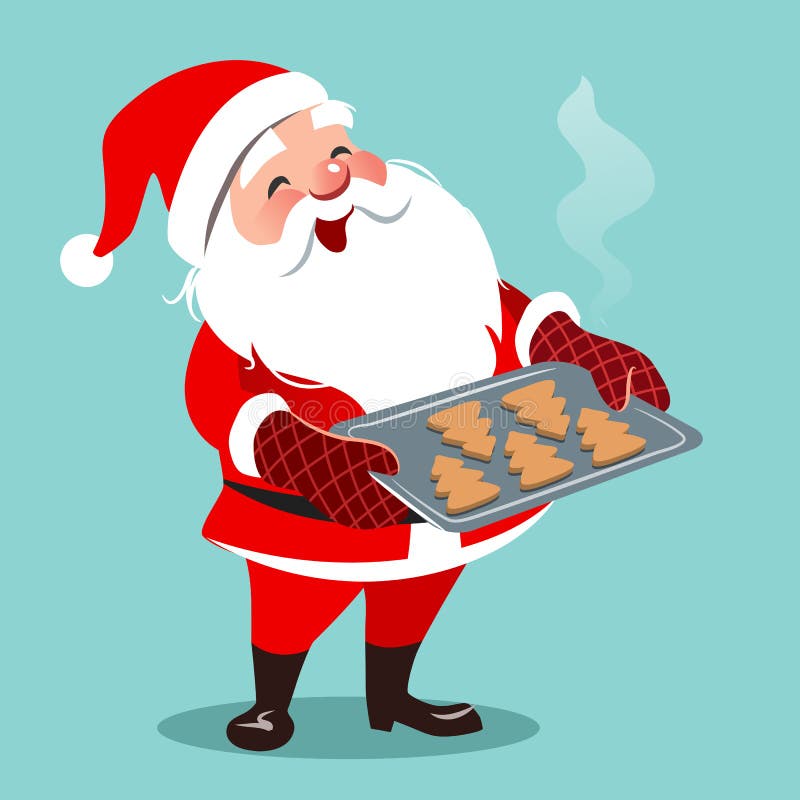 Vector cartoon illustration of cute happy Santa standing, holding baking sheet with Christmas tree shaped cookies. Christmas cooking themed design element in contemporary flat style, isolated on aqua. Vector cartoon illustration of cute happy Santa standing, holding baking sheet with Christmas tree shaped cookies. Christmas cooking themed design element in contemporary flat style, isolated on aqua