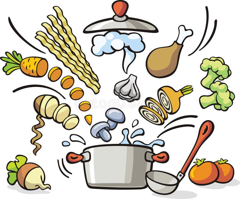 Vector illustration with pan and vegetables: soup preparation. Vector illustration with pan and vegetables: soup preparation