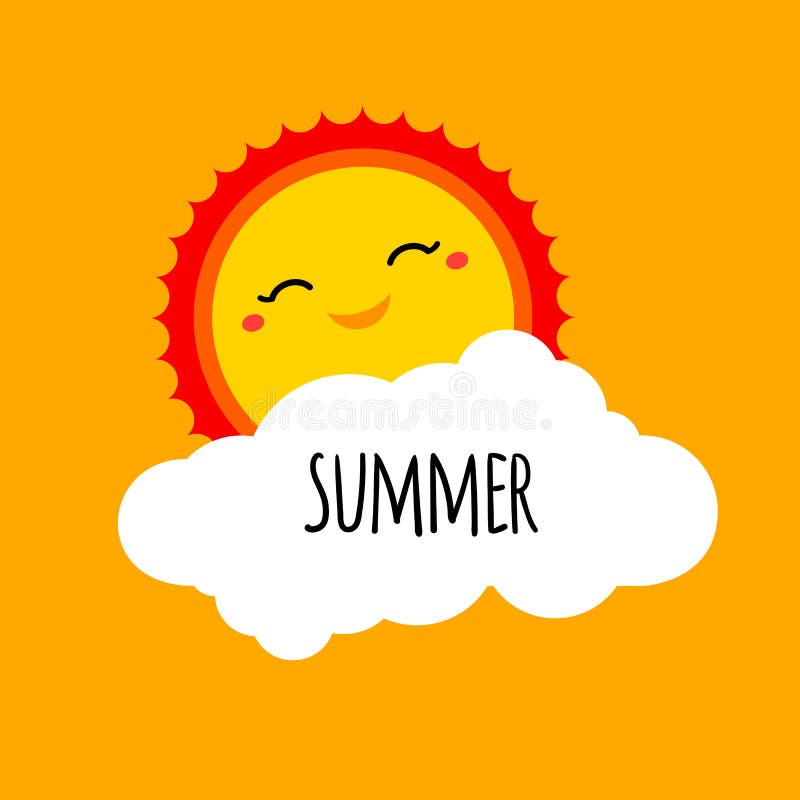 Vector abstract cartoon summer background design concept with happy smiley sun, white cloud and hand drawn lettering. Summer holiday design element for summer beach or summer camp logo, banner, sign. Vector abstract cartoon summer background design concept with happy smiley sun, white cloud and hand drawn lettering. Summer holiday design element for summer beach or summer camp logo, banner, sign