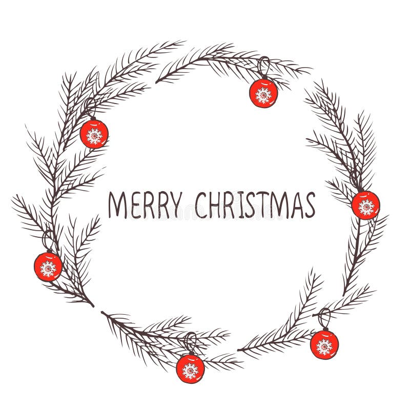 Vector image of a Christmas wreath, a wreath of fir. Merry Christmas inscription in the center. Christmas mood. Hand drawn illustration. Vector image of a Christmas wreath, a wreath of fir. Merry Christmas inscription in the center. Christmas mood. Hand drawn illustration