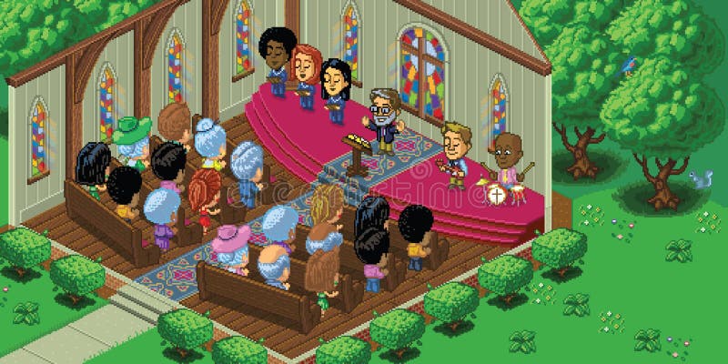 Vector illustration of a church service in a cute cartoon video game pixel art style. The church is located in a forest setting and is rendered in isometric perspective. Separated into layers for easy editing. Vector illustration of a church service in a cute cartoon video game pixel art style. The church is located in a forest setting and is rendered in isometric perspective. Separated into layers for easy editing.