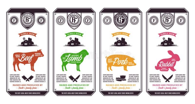 Vector butcher`s shop logo. Fresh beef, pork, lamb and rabbit modern style labels. Farm animals icons. Vector butcher`s shop logo. Fresh beef, pork, lamb and rabbit modern style labels. Farm animals icons