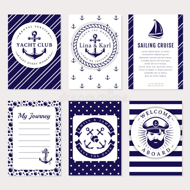 Marine banners, invitations and flyers set. Elegant card templates in white and navy blue colors. Sea wedding, yacht club, sailing cruise and other nautical themes. Vector collection. Marine banners, invitations and flyers set. Elegant card templates in white and navy blue colors. Sea wedding, yacht club, sailing cruise and other nautical themes. Vector collection.