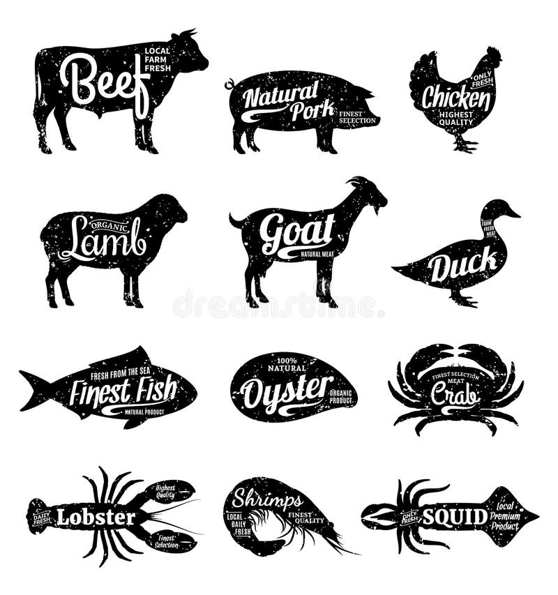 Set of butchery and seafood logo. Farm animals and seafood with sample text. Retro styled farm animals and seafood silhouettes collection for groceries, meat stores, seafood shop and advertising. Vector logotype design. Set of butchery and seafood logo. Farm animals and seafood with sample text. Retro styled farm animals and seafood silhouettes collection for groceries, meat stores, seafood shop and advertising. Vector logotype design.