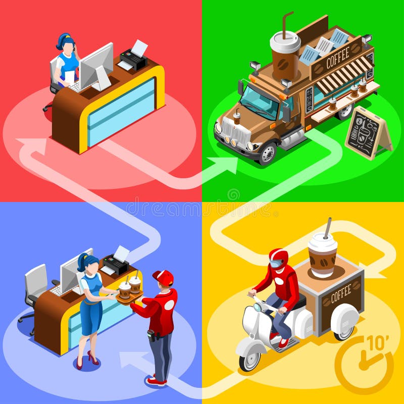 Διανυσματικοί Isometric άνθρωποι εγχώριας παράδοσης καφέδων καφέ φορτηγών τροφίμων απεικόνιση αποθεμάτων Διανυσματικοί Isometric άνθρωποι εγχώριας παράδοσης καφέδων καφέ φορτηγών τροφίμων απεικόνιση αποθεμάτων