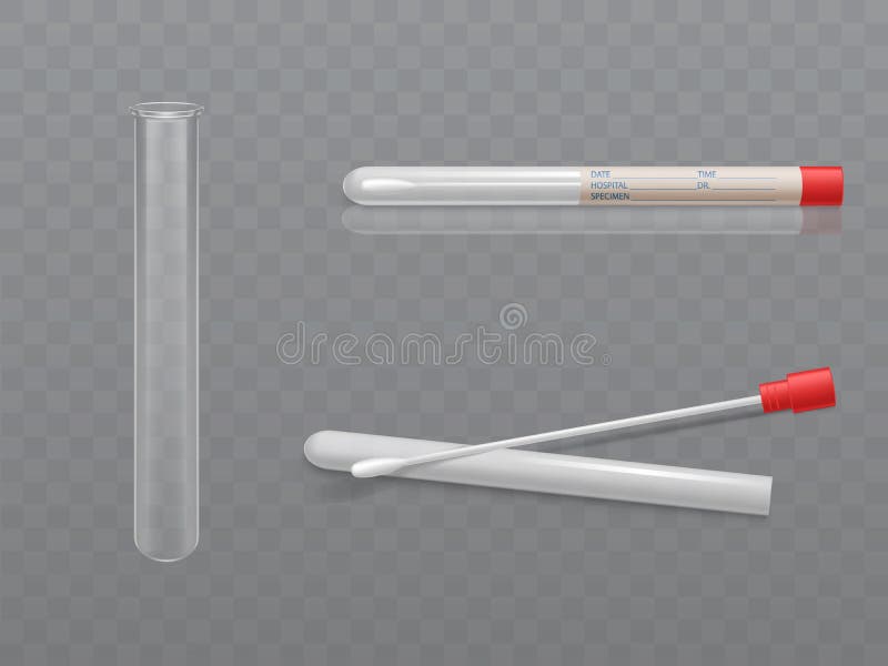 Vector medical set for analysis - q-tip with cotton swab and test tube, transparent glass capsule. Individual hygiene toiletries in plastic box with data for hospital. Health care concept. Vector medical set for analysis - q-tip with cotton swab and test tube, transparent glass capsule. Individual hygiene toiletries in plastic box with data for hospital. Health care concept.