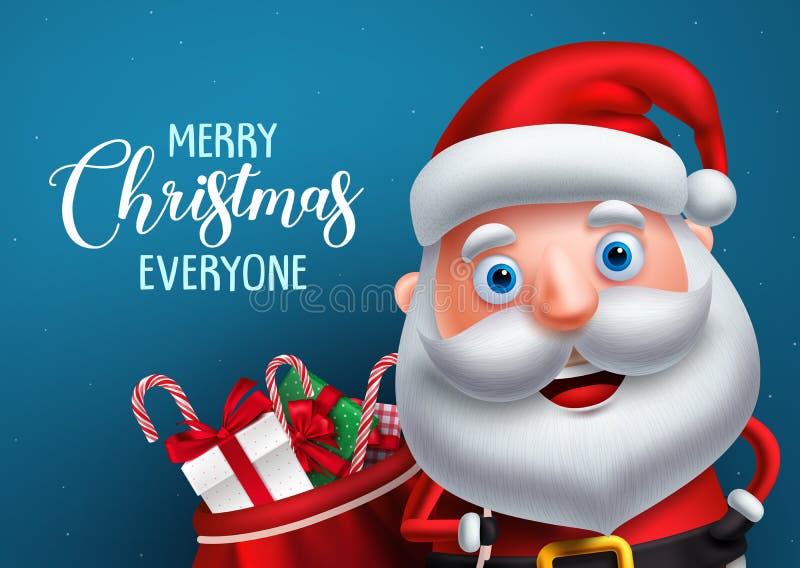 Santa claus vector character and merry christmas greeting in a blue background banner. Santa claus carrying bag of gifts while talking. Vector illustration. Santa claus vector character and merry christmas greeting in a blue background banner. Santa claus carrying bag of gifts while talking. Vector illustration.