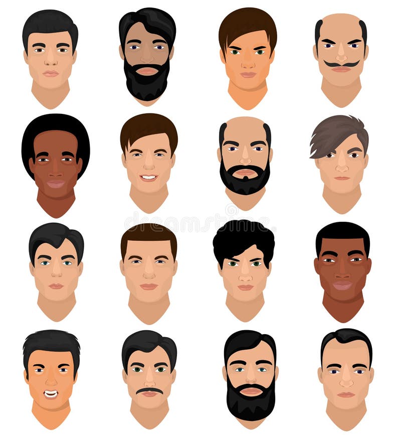 Man portrait vector male character face of boy with hairstyle and cartoon manlike person with various skin tone and beard illustration set of masculine facial features isolated on white background. Man portrait vector male character face of boy with hairstyle and cartoon manlike person with various skin tone and beard illustration set of masculine facial features isolated on white background.