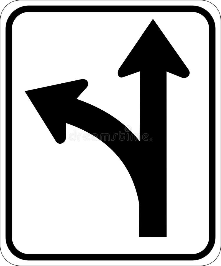 Vector graphic of a usa Through and Turn Left highway sign. It consists of joined arrows, one pointing upwards and a second curved to the left contained in a white rectangle. Vector graphic of a usa Through and Turn Left highway sign. It consists of joined arrows, one pointing upwards and a second curved to the left contained in a white rectangle.