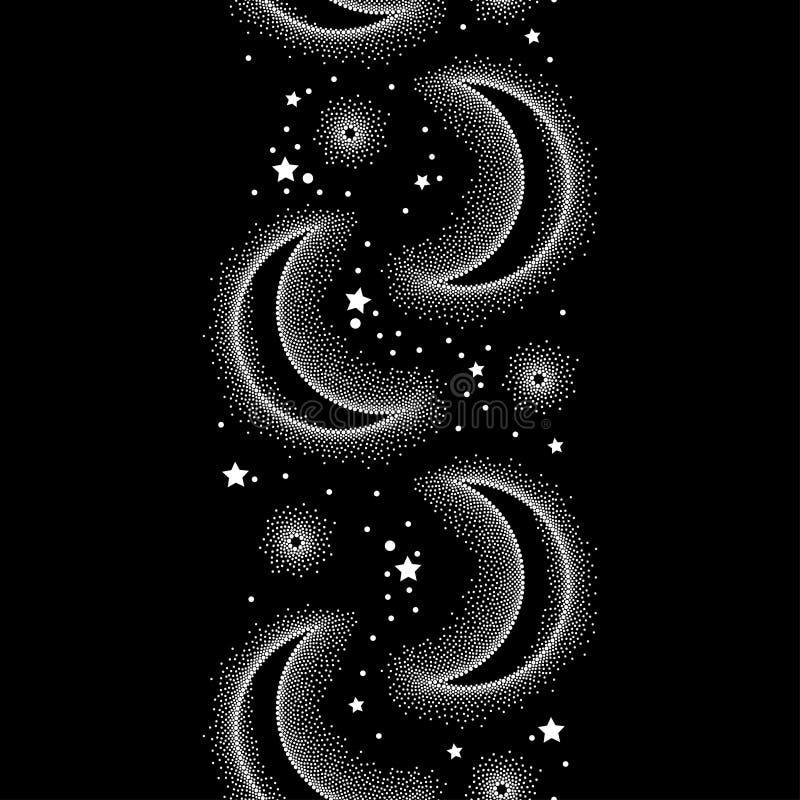 Vector vertical seamless pattern with dotted half moon and stars in white on the black background. Design with astronomy symbols in dotwork style. Monochrome galaxy background with crescent and star. Vector vertical seamless pattern with dotted half moon and stars in white on the black background. Design with astronomy symbols in dotwork style. Monochrome galaxy background with crescent and star.