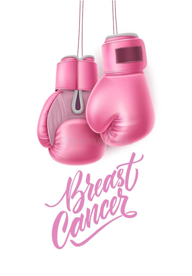 Breast cancer lettering awareness poster with realistic pink boxing gloves near calligraphy script. Women health care support symbol. female hopeand fight concept. Vector illustration. Breast cancer lettering awareness poster with realistic pink boxing gloves near calligraphy script. Women health care support symbol. female hopeand fight concept. Vector illustration