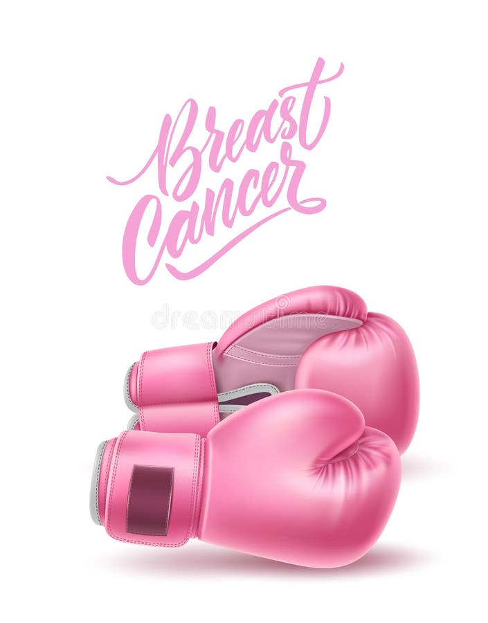 Breast cancer lettering awareness poster with realistic pink boxing gloves near calligraphy script. Women health care support symbol. female hopeand fight concept. Vector illustration. Breast cancer lettering awareness poster with realistic pink boxing gloves near calligraphy script. Women health care support symbol. female hopeand fight concept. Vector illustration