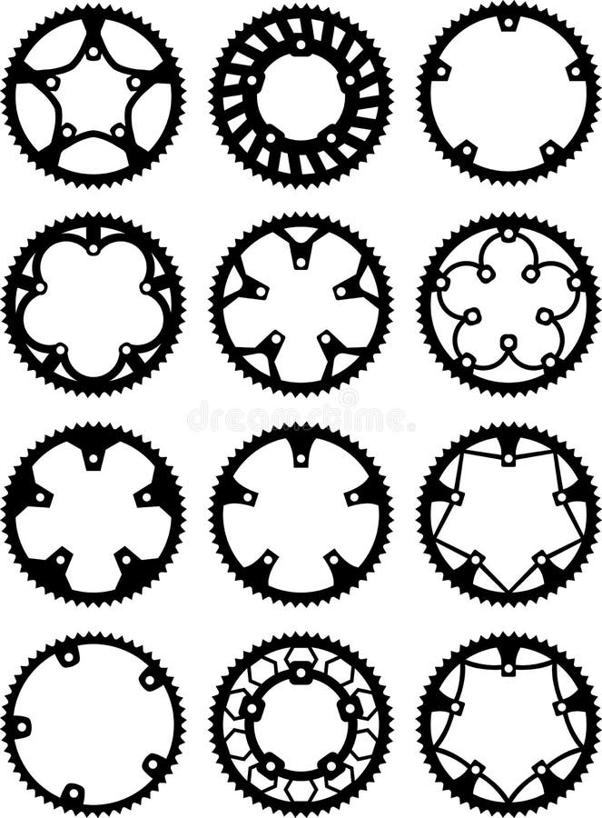 Vector pack of bike chainrings and rear sprocket. Vector pack of bike chainrings and rear sprocket