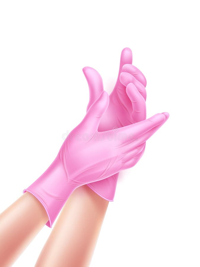 Vector realistic nurse, doctor hand wearing sterile pink latex gloves. Surgic gloves put on for surgery, operation, other medical treatments. Protective hygiene equipment, clinic poster advertising. Vector realistic nurse, doctor hand wearing sterile pink latex gloves. Surgic gloves put on for surgery, operation, other medical treatments. Protective hygiene equipment, clinic poster advertising