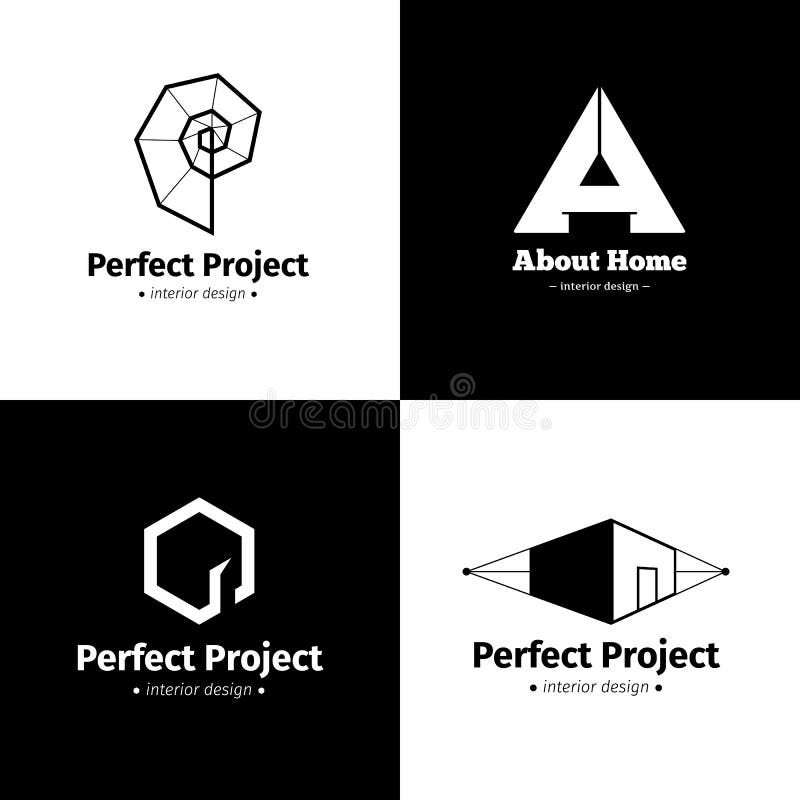 Διανυσματικό σύνολο τεσσάρων σύγχρονων minimalistic εσωτερικών λογότυπων στούντιο σχεδίου Γραπτά δημιουργικά logotypes απεικόνιση αποθεμάτων Διανυσματικό σύνολο τεσσάρων σύγχρονων minimalistic εσωτερικών λογότυπων στούντιο σχεδίου Γραπτά δημιουργικά logotypes απεικόνιση αποθεμάτων