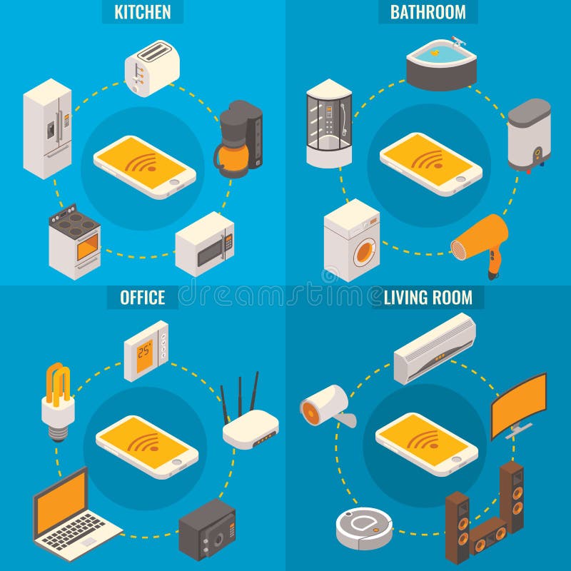 Διανυσματικό σύνολο έξυπνων isometric αφισών έννοιας εγχώριων δωματίων ελεύθερη απεικόνιση δικαιώματος Διανυσματικό σύνολο έξυπνων isometric αφισών έννοιας εγχώριων δωματίων ελεύθερη απεικόνιση δικαιώματος