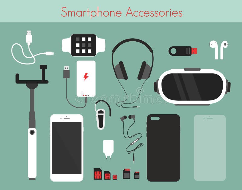 Vector illustration set of different phone accessories on green background. Smartphone with power bank, charger and headphones, watch, 3D reality glasses and others accessories in flat style. Vector illustration set of different phone accessories on green background. Smartphone with power bank, charger and headphones, watch, 3D reality glasses and others accessories in flat style