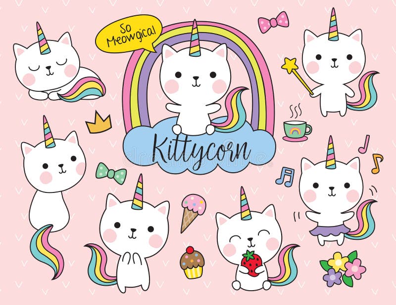 Cute white cat unicorn with rainbow horn and tail set including cute elements such as flower, ice-cream, cupcake, etc. Cute white cat unicorn with rainbow horn and tail set including cute elements such as flower, ice-cream, cupcake, etc.