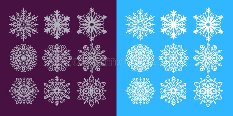Διανυσματικό σύνολο ασημένια και άσπρα snowflakes στο σκοτεινό πορφυρό και μπλε υπόβαθρο ελεύθερη απεικόνιση δικαιώματος Διανυσματικό σύνολο ασημένια και άσπρα snowflakes στο σκοτεινό πορφυρό και μπλε υπόβαθρο ελεύθερη απεικόνιση δικαιώματος