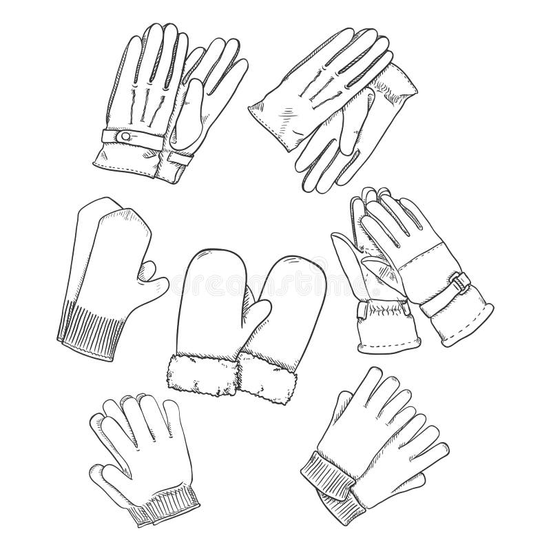 Vector Set of Black Sketch Gloves and Mittens. Collection of Accessories. Vector Set of Black Sketch Gloves and Mittens. Collection of Accessories.