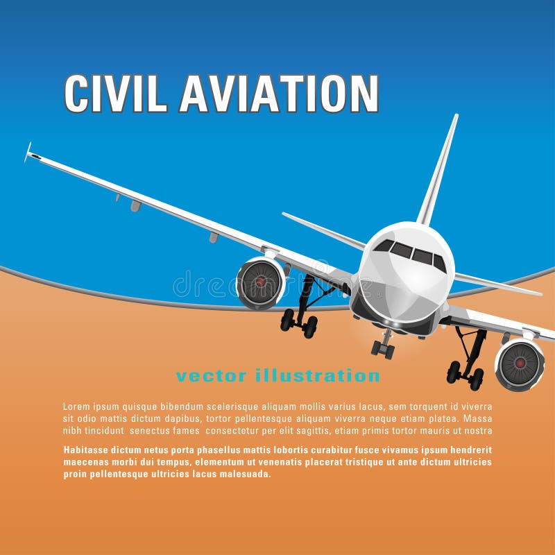 Aircraft vector background. Banner, poster, flyer, card with a flying airplane half-face against the blue sky, and text on a orange backdrop. Air travel concept flying airliner. Aircraft vector background. Banner, poster, flyer, card with a flying airplane half-face against the blue sky, and text on a orange backdrop. Air travel concept flying airliner