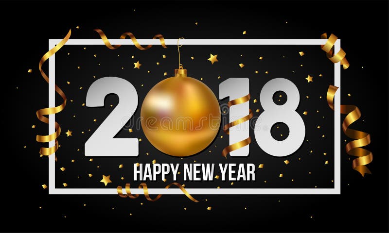 Διανυσματικό υπόβαθρο καλής χρονιάς του 2018 με το χρυσά μπιχλιμπίδι σφαιρών Χριστουγέννων και τα στοιχεία λωρίδων απεικόνιση αποθεμάτων Διανυσματικό υπόβαθρο καλής χρονιάς του 2018 με το χρυσά μπιχλιμπίδι σφαιρών Χριστουγέννων και τα στοιχεία λωρίδων απεικόνιση αποθεμάτων