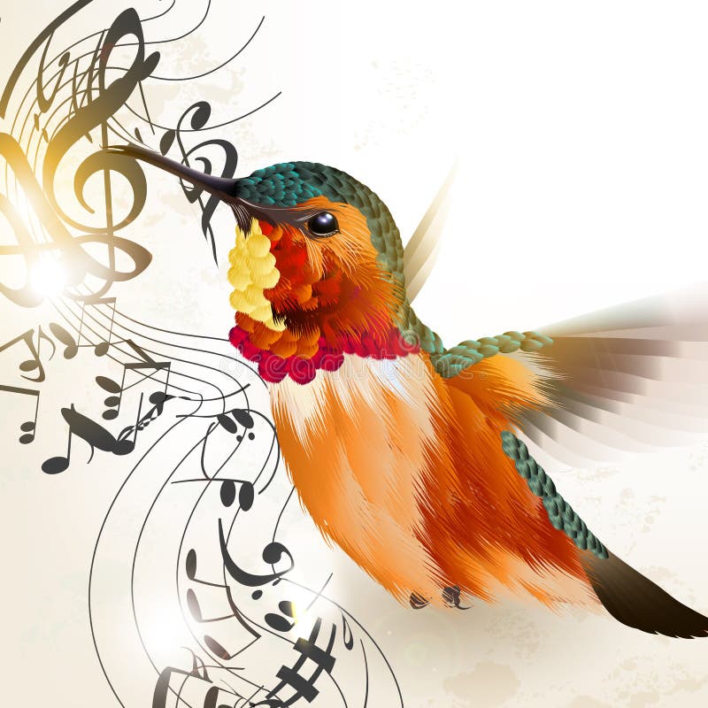 Διανυσματικό υπόβαθρο μουσικής με το βουίζοντας πουλί και τις σημειώσεις