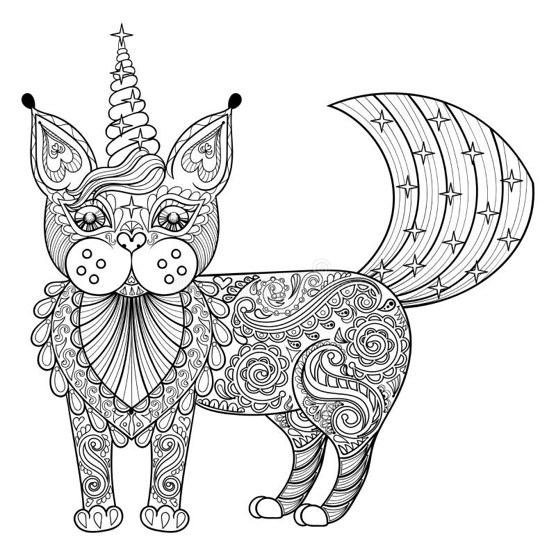 Διανυσματικός μονόκερος γατών zentangle μαγικός, μαύρη τυπωμένη ύλη για το ενήλικο αντι s απεικόνιση αποθεμάτων Διανυσματικός μονόκερος γατών zentangle μαγικός, μαύρη τυπωμένη ύλη για το ενήλικο αντι s απεικόνιση αποθεμάτων