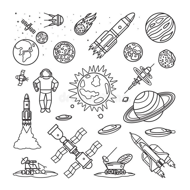 Διαστημικά γραμμικά εικονίδια doodle απεικόνιση αποθεμάτων Διαστημικά γραμμικά εικονίδια doodle απεικόνιση αποθεμάτων