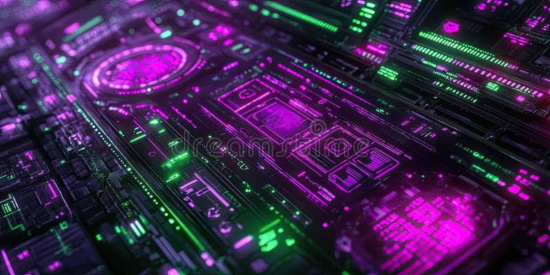Διασύνδεση Cyberpunk Hacker με Neon Purple και Green Details Futuristic Digital Tech Background Design ελεύθερη απεικόνιση δικαιώματος