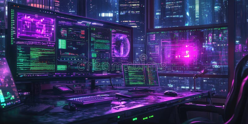 Διασύνδεση Cyberpunk Hacker με Neon Purple και Green Details Futuristic Digital Tech Background Design διανυσματική απεικόνιση