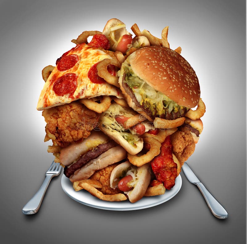 Fast food diet concept served on a plate as a mountain of greasy fried restaurant take out as onion rings burger and hot dogs with fried chicken french fries and pizza as a symbol of compulsive overeating and dieting temptation resulting in unhealthy nutrition. Fast food diet concept served on a plate as a mountain of greasy fried restaurant take out as onion rings burger and hot dogs with fried chicken french fries and pizza as a symbol of compulsive overeating and dieting temptation resulting in unhealthy nutrition.