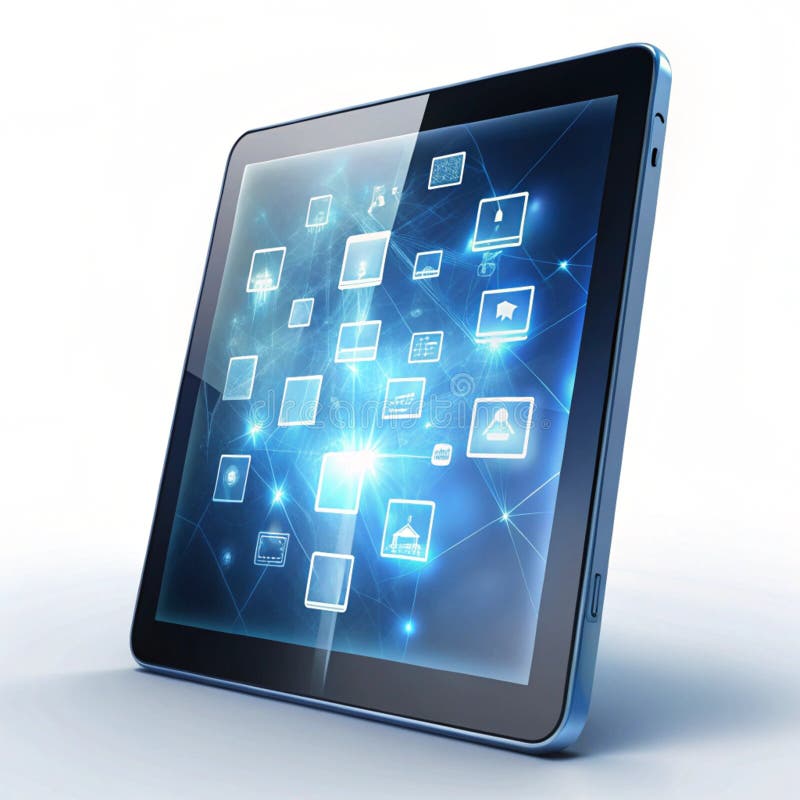 Διαφανές λαμπερό tablet με κινούμενα ψηφιακά εικονίδια απεικόνιση αποθεμάτων