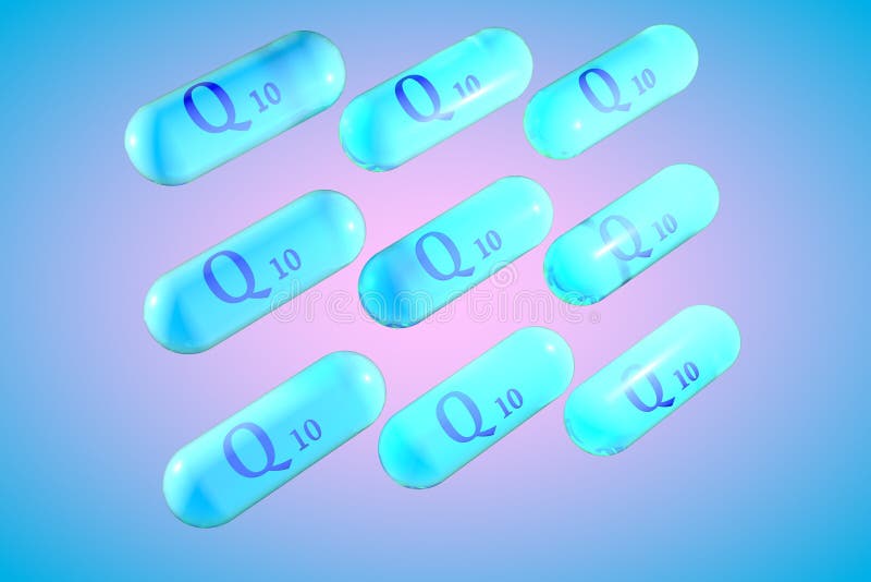 Διαφανείς μπλε coenzyme q10 κάψες στο ζωηρόχρωμο υπόβαθρο Ubiquinone κάψες Ανόργανο άλας και βιταμίνη σύνθετα τρισδιάστατος ελεύθερη απεικόνιση δικαιώματος
