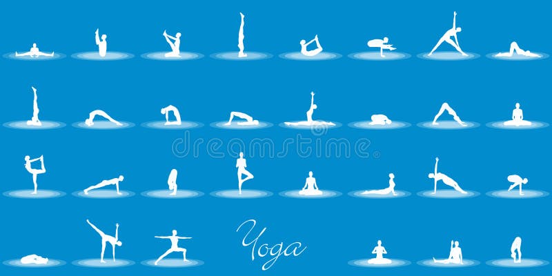 White illustrated set of people in different yoga positions on blue background. White illustrated set of people in different yoga positions on blue background.