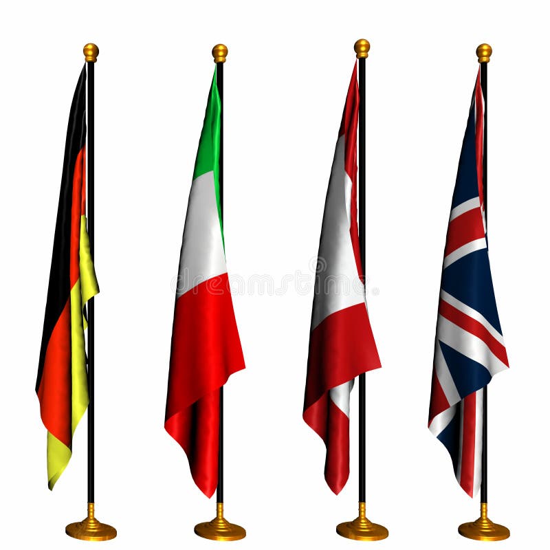 Flags on stands from Germany, Italy, Canada, and the United Kingdom. Flags on stands from Germany, Italy, Canada, and the United Kingdom