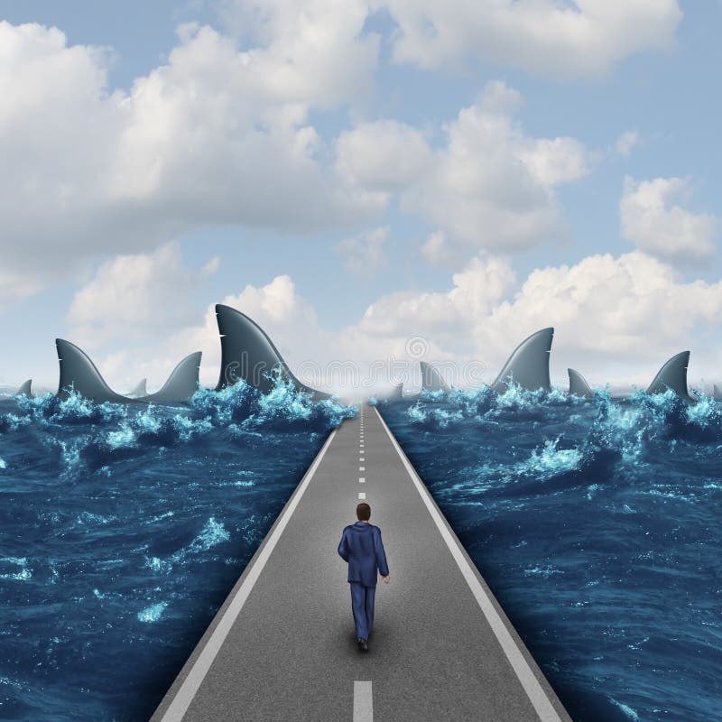 Headed for danger business concept as a man walking on a straight road towards a group of dangerous sharks as a metaphor and symbol of risk and courage from a person on a career path or life journey. Headed for danger business concept as a man walking on a straight road towards a group of dangerous sharks as a metaphor and symbol of risk and courage from a person on a career path or life journey.