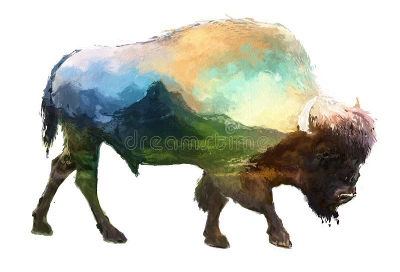 The bison on white background double exposure illustration. Retro design graphic element. This is illustration ideal for a mascot and tattoo or T-shirt graphic. Stock illustration. The bison on white background double exposure illustration. Retro design graphic element. This is illustration ideal for a mascot and tattoo or T-shirt graphic. Stock illustration