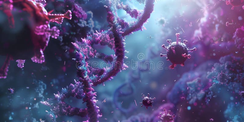 διπλή έλικα dna και ιός corona σε φόντο θολώματος όπως εικόνα περιθωρίου μικροσκόπιο 169 διανυσματική απεικόνιση