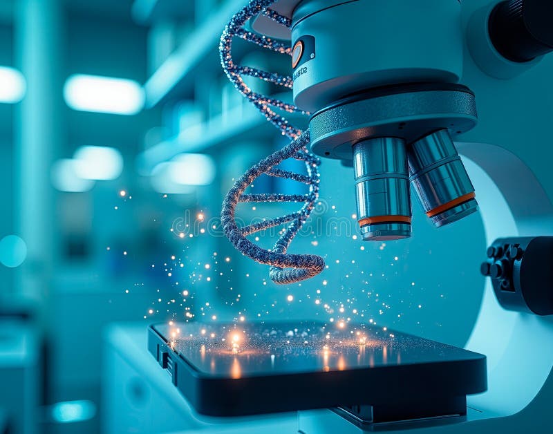 Διπλή έλικα DNA που επιπλέει πάνω από μικροσκόπιο. Δημιουργική οπτικοποίηση της γενετικής έρευνας με ένα 3D τμήμα DNA διανυσματική απεικόνιση