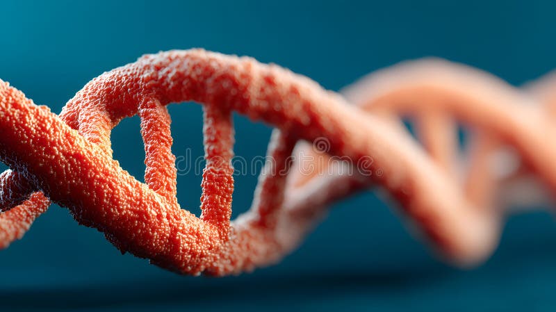 Διπλή έλξη κόκκινου DNA που κλείνει με λεπτομερή μοριακή υφή. Τεχνητό Ai απεικόνιση αποθεμάτων