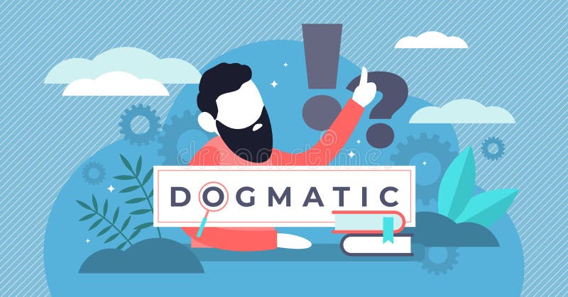 Dogmatic vector illustration. Flat tiny absolute true faith persons concept. Personality mindset with word confidence and steadfast opinion. Authority dominance and catholic church confidence behavior. Dogmatic vector illustration. Flat tiny absolute true faith persons concept. Personality mindset with word confidence and steadfast opinion. Authority dominance and catholic church confidence behavior