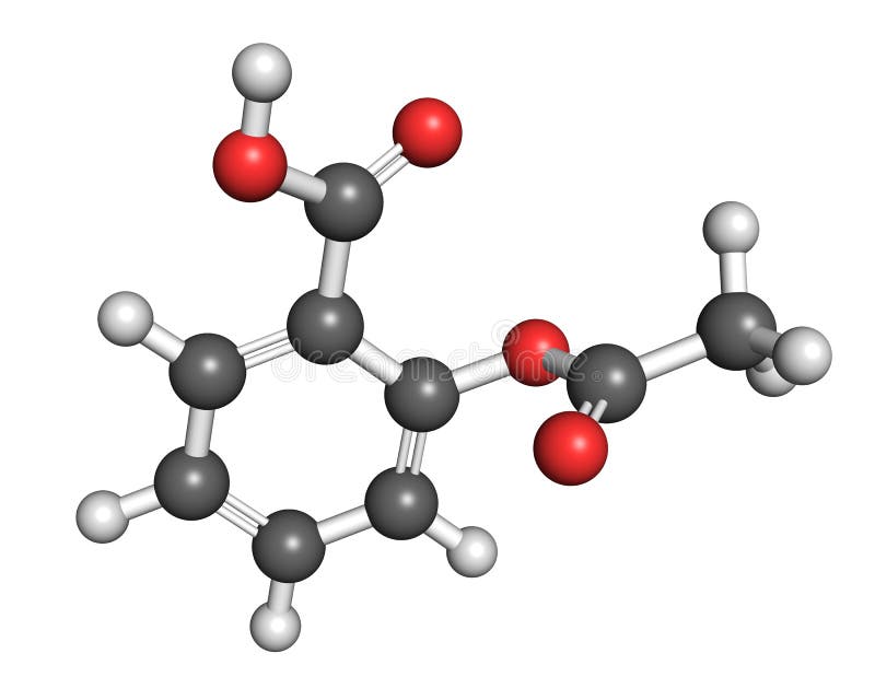 Ball-and-stick model of acetylsalicylic acid molecule, a drug often used to relieve pain, reduce body temperature and as a general anti-inflammatory medication. It is marketed with many different brand names (Aspirin, Disprin, Ecotrin etc.). Ball-and-stick model of acetylsalicylic acid molecule, a drug often used to relieve pain, reduce body temperature and as a general anti-inflammatory medication. It is marketed with many different brand names (Aspirin, Disprin, Ecotrin etc.).